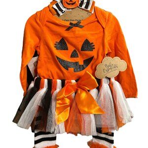 NWT Baby Essentials 4 Piece Halloween Set: Skirt Tutu Bow Top Leg warmers 3 Mo
